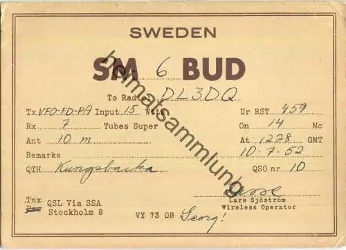 QSL - Funkkarte - SM6BUD - Sweden - Kungsbacka - 1952