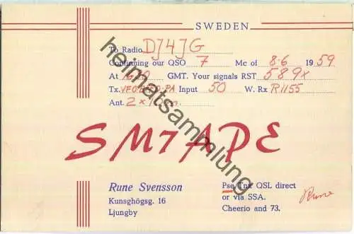 QSL - Funkkarte - SM7APE - Sweden - Ljungby - 1959 (E97153)*