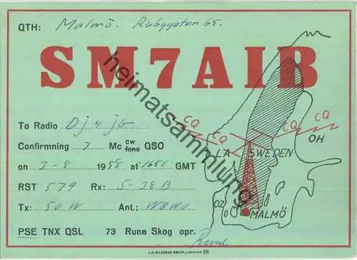 QSL - Funkkarte - SM7AIB - Sweden - Malmö - 1958