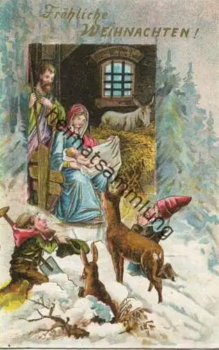 Weihnachten - Die heilige Familie - Reh - Hase - Zwerge - Wichtel gel. 1908