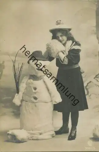 Mädchen - Schneemann - Foto-AK gel. 1908