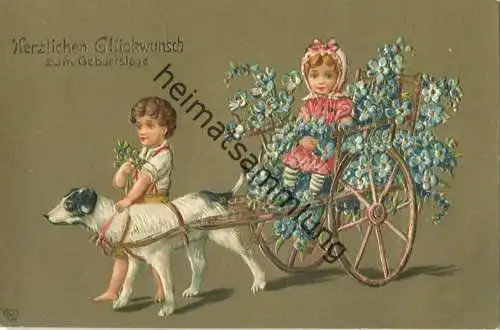 Geburtstag - Wagen von einem Hund gezogen - Kinder - Prägedruck gel. 1910