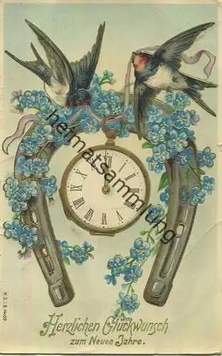 Neujahr - Hufeisen - Schwalben - Uhr - Prägedruck gel. 1912