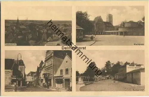 Delmenhorst - Totalansicht - Marktplatz - Langestrasse - Badeanstalt - Verlag Heinrich Künne Bremen 20er Jahre