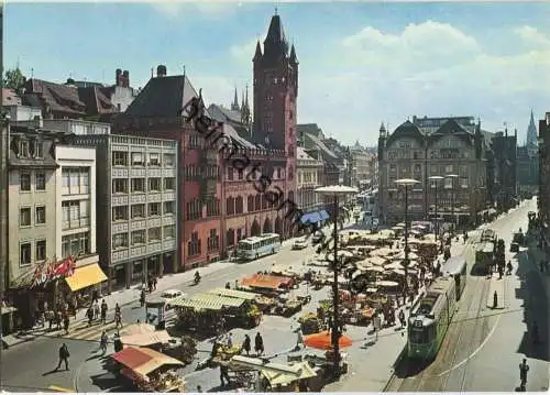 Basel Marktplatz und Rathaus - Verlag Hans Frey Basel - Strassenbahn