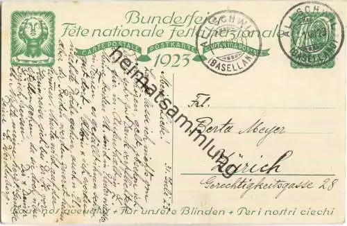 Bundesfeier-Postkarte 1923 - 10 Cts - A. Giacometti Augustfeuer - Zugunsten der Blindenfürsorge - gelaufen am 1. August