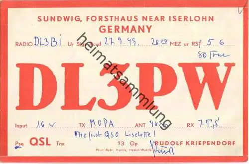 QSL - QTH - Funkkarte - DL3PW - Hemer - Sundwig - 1949