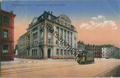 Mülhausen im Elsass - Sparkasse Belforterstrasse - Strassenbahn - Verlag Emil Hartmann Strassburg