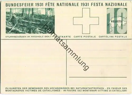 Bundesfeier-Postkarte 1931 - 10 Cts - Für die Hochgebirgsbewohner bei Naturkatastrophen - Sturmschäden im Riedholz