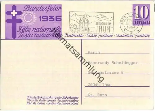 Bundesfeier-Postkarte 1936 - 10 Cts - Für die Bekämpfung der Tuberkulose - Mädchen mit Lampion - gelaufen 1964