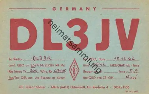 QSL - Funkkarte - DL3JV - 36124 Eichenzell - 1962
