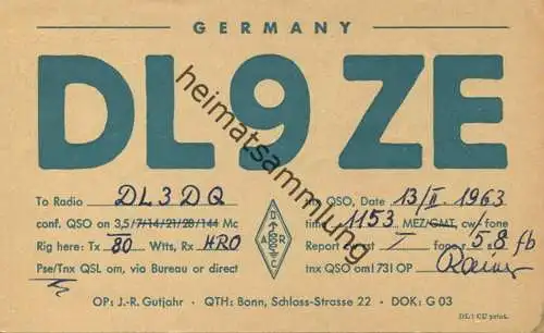 QSL - Funkkarte Dl9ZE - 53... Bonn - 1963