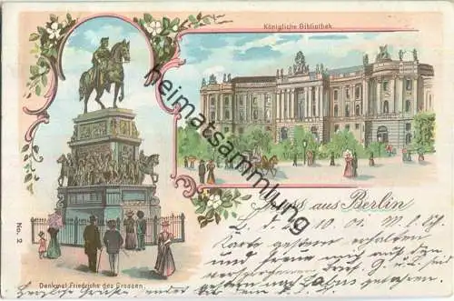 Berlin - Königliche Bibliothek - Denkmal Friedrich des Grossen - Lithographie