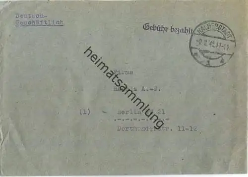 Brief aus Halberstadt vom 09.08.1945 mit 'Gebühr bezahlt' Stempel B1a in schwarz