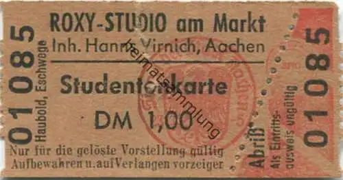 Aachen - Roxy-Studio am Markt Inhaber Hanns Virnich - Eintrittskarte