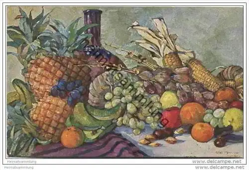 Obst Gemüse - Stilleben - Früchte aus unseren Kolonien - signiert Alfred Pfenninger - Kolonialkriegerdank-Karte