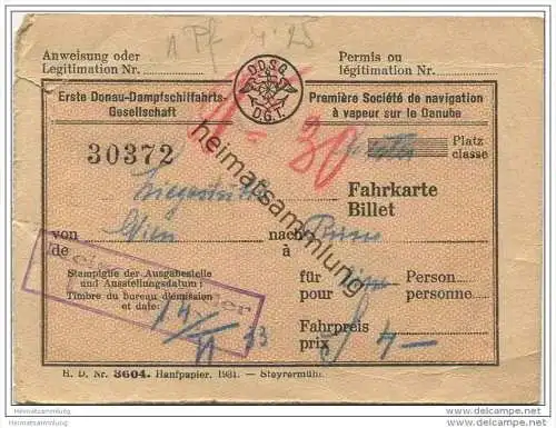 Erste Donau-Dampfschiffahrts-Gesellschaft - Liegestuhl - Fahrkarte 1933