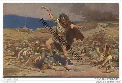 Die Heilige Schrift - Simson erschlägt die Philister - Samson slays the Philistines - Künstlerkarte R. Leinweber