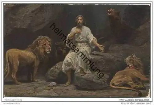 Die Heilige Schrift - Daniel in der Löwengrube - Daniel in the den of Lions - Künstlerkarte R. Leinweber ca. 1910