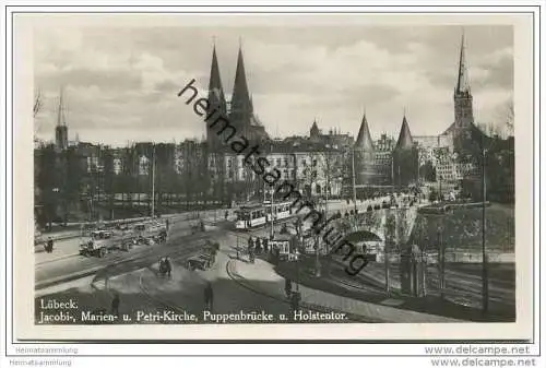 Lübeck - Jacobi- Marien- und Petri-Kirche - Puppenbrücke und Holstentor - Foto-AK 20er Jahre