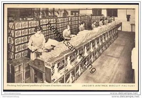 Aintree - W&amp;R Jacobs Biscuit Factory - Packing half-pound packets of Cream Crackers into tins ca. 1920