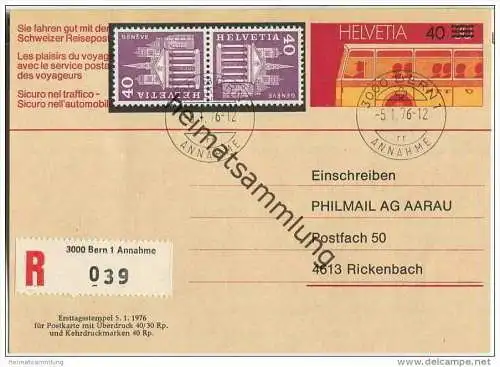 Postkarte 40 Cts auf 30 Cts Postautomobil - Zudruck und Zusatzfrankatur Kehrdruckmarken 40 Cts - gelaufen Ersttag