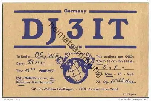 QSL - QTH - Funkkarte - DJ3IT - Zwiesel - 1957