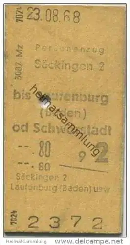 Deutschland - Personenzug - Säckingen bis Laufenburg (Baden) oder Schwörstadt - Fahrkarte 1968