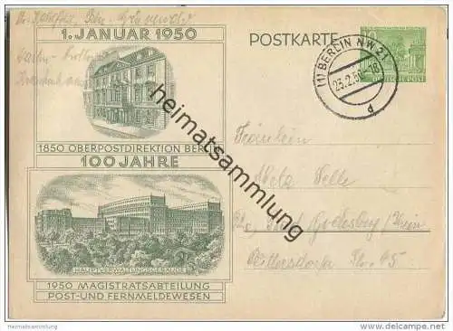 Postkarte Berlin - 100 Jahre Oberpostdirektion - gelaufen am 23.2.1950 von Berlin nach Bad Godesberg