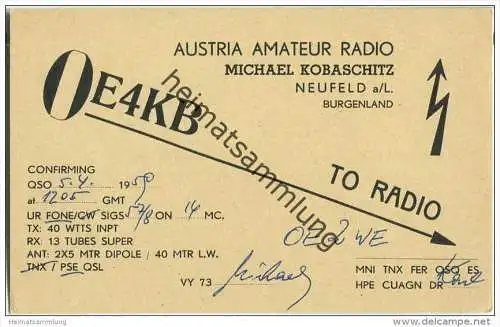 QSL - QTH - Funkkarte - OE4KB - Österreich - Neufeld a/L. Burgenland - 1959