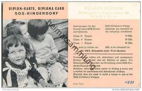 QSL - QTH - Funkkarte - Bednar - Österreich - Salzburg - Diplomkarte SOS-Kinderdorf - 1959