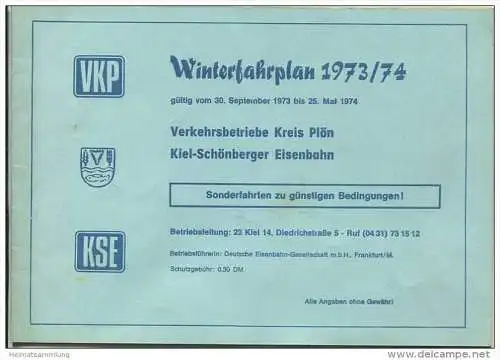 VKP Verkehrsbetriebe Kreis Plön - KSE Kiel-Schönberger Eisenbahn - Winterfahrplan 1973/74