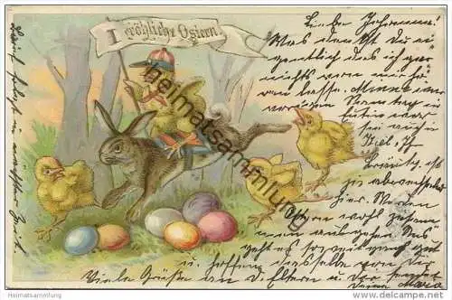 Fröhliche Ostern - Osterhase - Küken als Jockey - Ostereier