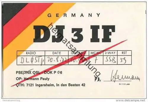 QSL - QTH - Funkkarte - DJ3IF - Ingersheim (Neckar) - 1972