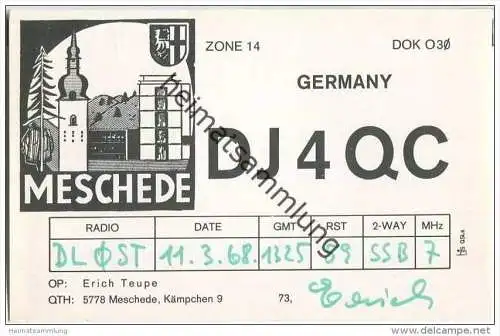 QSL - QTH - Funkkarte - DJ4QC - Meschede - 1968