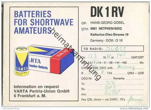 QSL - QTH - Funkkarte - DK1RV - Netphen - 1968