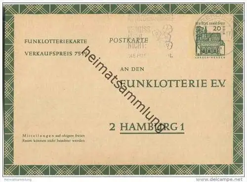 FP 8 - Funklotterie-Postkarte Berlin - bedarfsgebraucht - Wertstempel 20 Pfg Lorsch / Hessen - gelaufen im April 1969