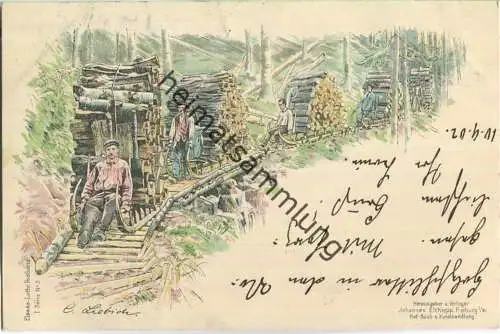 Transportschlitten - Holzschlitten - signiert C. Liebich - Elsass-Lothringen-Postkarte