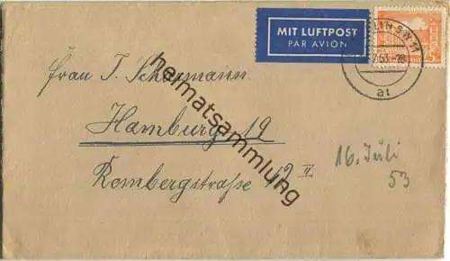 Brief Berlin - 25 Pf. Bauten Luftpost nach Hamburg am 16.Juli 1953