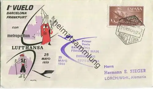 Luftpost Deutsche Lufthansa - Wiederaufnahme des Luftverkehrs Barcelona - Frankfurt am Main am 25.Mai 1959