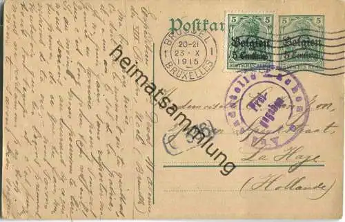 5 Centimes - Landespost in Belgien - Postkarte rechts vom Teilungsstrich - Zensur - gelaufen 1915 nach Holland