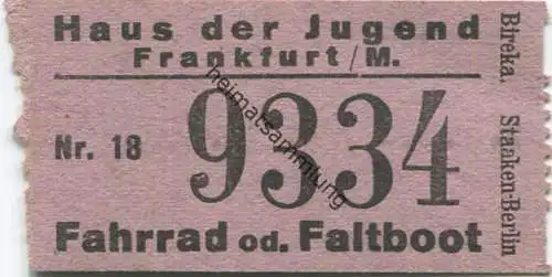 Deutschland - Frankfurt am Main - Haus der Jugend - Einstellquittung für ein Fahrrad oder Faltboot 1938