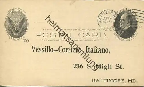 USA - Postkarte mit Zudruck 1907 - Il Vessillo Corriere Italiano - Unterschrift C. Belardino - Ganzsache gel. 1907