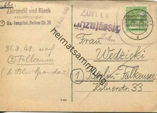 Karte (Bedarf) frankiert mit Mi-Nr. 39I von Berlin-Tempelhof (West) nach Berlin-Falkensee (SBZ) - Stempel 'Zurück unzulä