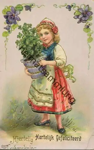 Kleeblatt - Mädchen in Tracht - Goldprägedruck - gel. 1911
