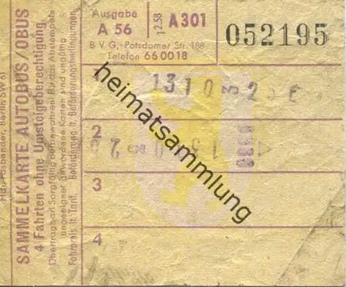 Deutschland - Berlin - BVG Sammelkarte Autobus / Obus - 4 Fahrten ohne Umsteigeberechtigung 1958 - rückseitig Werbung Li