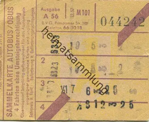 Deutschland - Berlin - BVG - BVG Sammelkarte Autobus / Obus - 4 Fahrten ohne Umsteigeberechtigung 1957 - rückseitig Werb