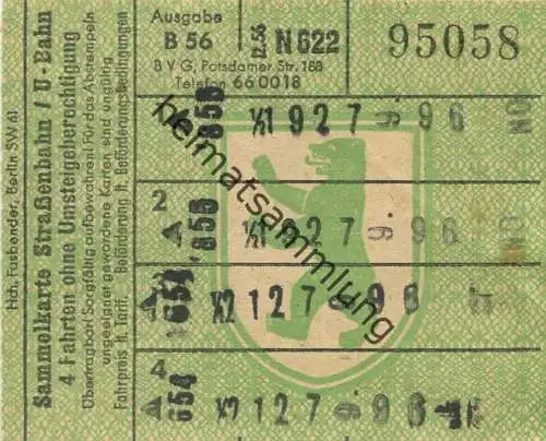 Deutschland - Berlin - BVG - Sammelkarte - Strassenbahn / U-Bahn 4 Fahrten ohne Umsteigeberechtigung 1956