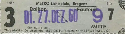 Österreich - Metro-Lichtspiele Bregenz - Kinokarte 1960