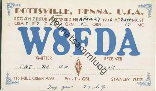QSL - Radio - W8FDA - USA - Pottsville PA - 1936